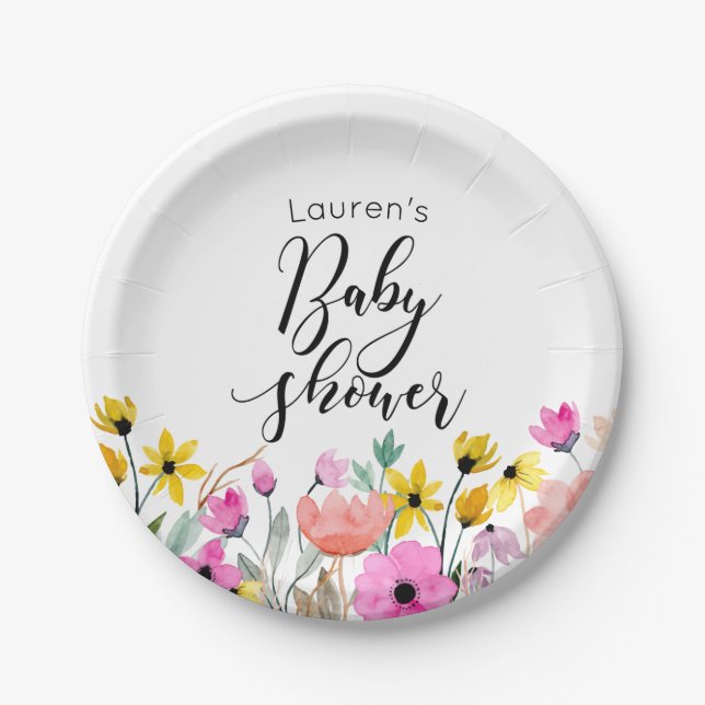 Assiettes En Carton Aquarelle Fleurs Baby shower Plaques de papier (Devant)