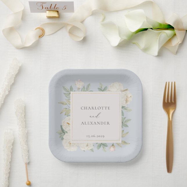 Assiettes En Carton Aquarelle fleurs blanches, bleu clair mariage (Mariage)
