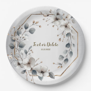 Assiettes En Carton Aquarelle Fleurs blanches Cadre doré Argent Turquo