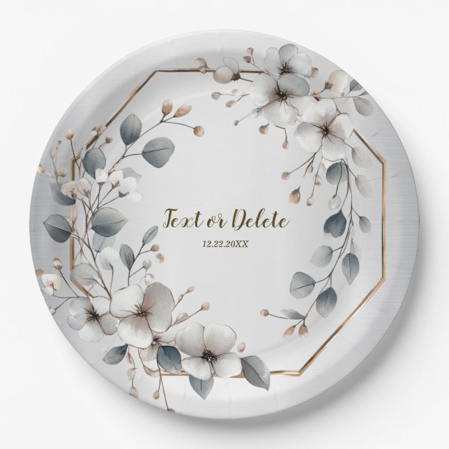 Assiettes En Carton Aquarelle Fleurs blanches Cadre doré Argent Turquo (Devant)