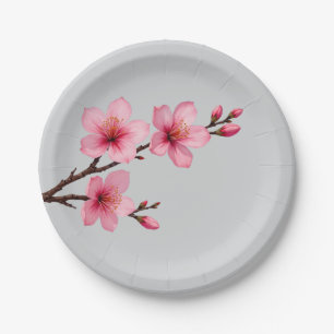 Assiettes En Carton Aquarelle Fleurs de cerisier rose gris