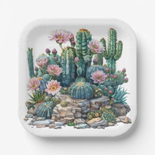 Assiettes En Carton Aquarelle fleurs du désert cactus.