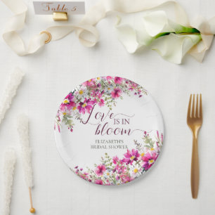 Assiettes En Carton Aquarelle Fleurs rose vif L'amour est en fleur