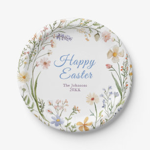 Assiettes En Carton Aquarelle fleurs sauvages heureux Pâques