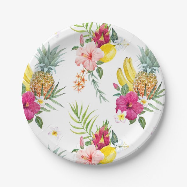 Assiettes En Carton Aquarelle Fleurs tropicales et Motif de fruits (Devant)