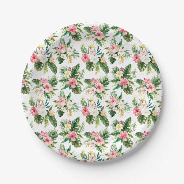 Assiettes En Carton Aquarelle Fleurs tropicales et Motif de verdure (Devant)