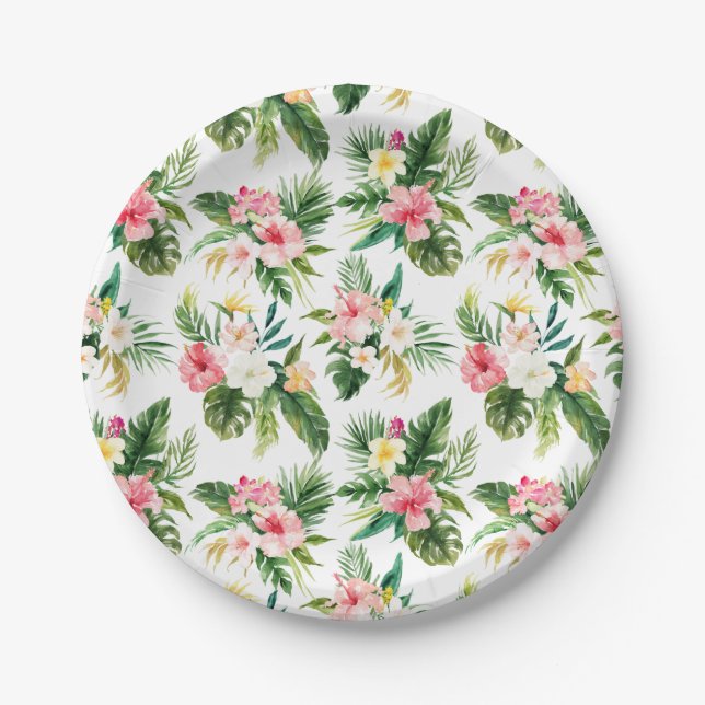 Assiettes En Carton Aquarelle Fleurs tropicales et verdure été (Devant)
