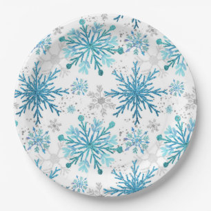 Assiettes En Carton Aquarelle flocons de neige hivernaux bleus et pail