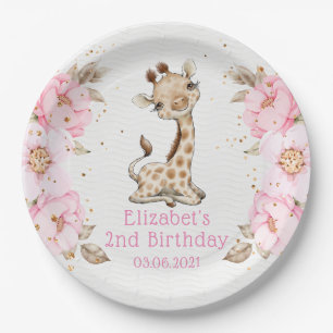 Assiettes En Carton Aquarelle Floral Baby Giraffe Peony Anniversaire