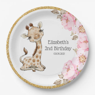 Assiettes En Carton Aquarelle Floral Baby Giraffe Peony Anniversaire P