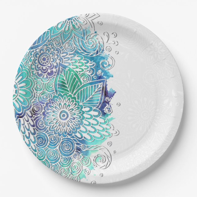 Assiettes En Carton Aquarelle Floral Blues (Devant)