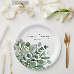 Assiettes En Carton Aquarelle Floral Eucalyptus Mariage