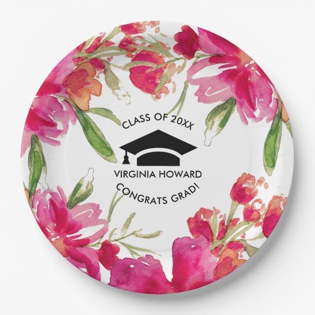 Assiettes En Carton Aquarelle Floral Graduation Plaques papier (Devant)