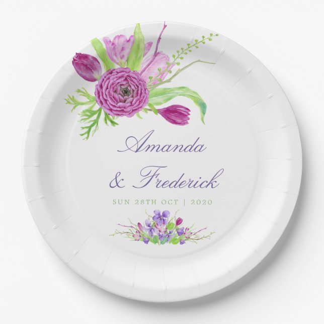 Assiettes En Carton Aquarelle Floral Mariage été (Devant)