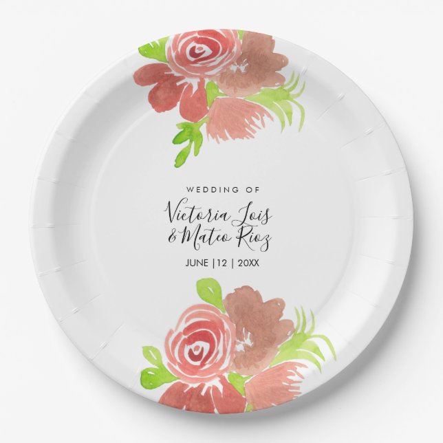 Assiettes En Carton Aquarelle Floral rose Beige Blush Mariage (Devant)