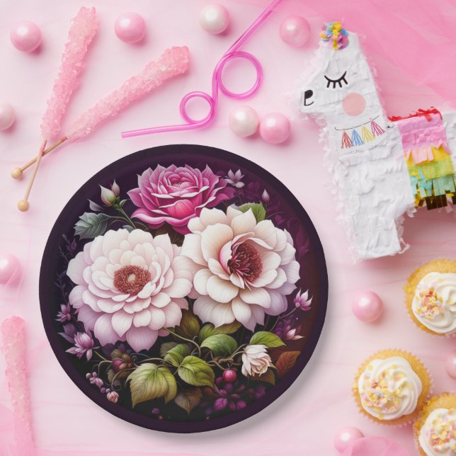 Assiettes En Carton Aquarelle Floral rose et violet Fleurs (Fête)