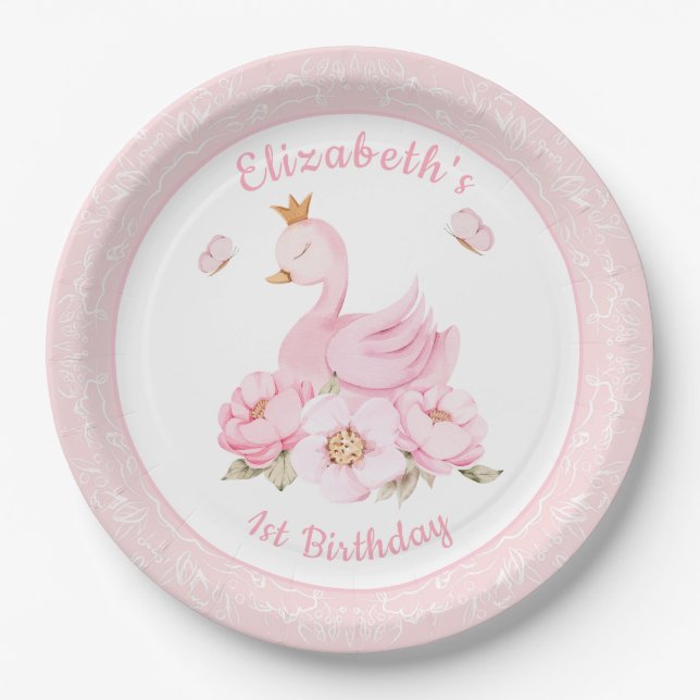 Assiettes En Carton Aquarelle Floral Swan Princess Anniversaire (Devant)