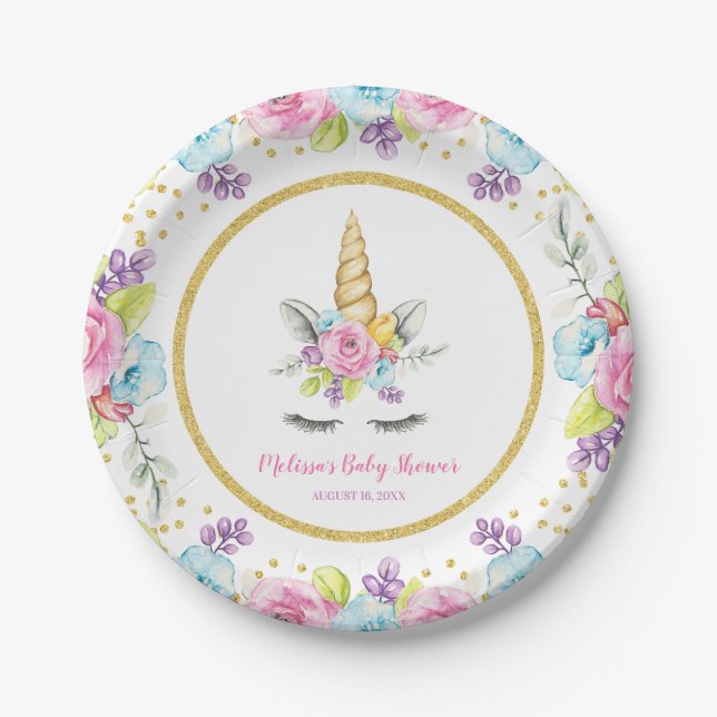 Assiettes En Carton Aquarelle Floral Unicorn Baby shower (Devant)