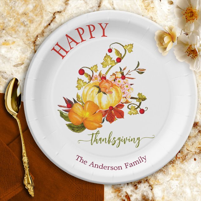 Assiettes En Carton Aquarelle Florale Chute d'Action de grâce (Thanksgiving paper plate showing a watercolor design with flowers and a pumpkin in warm fall colors)