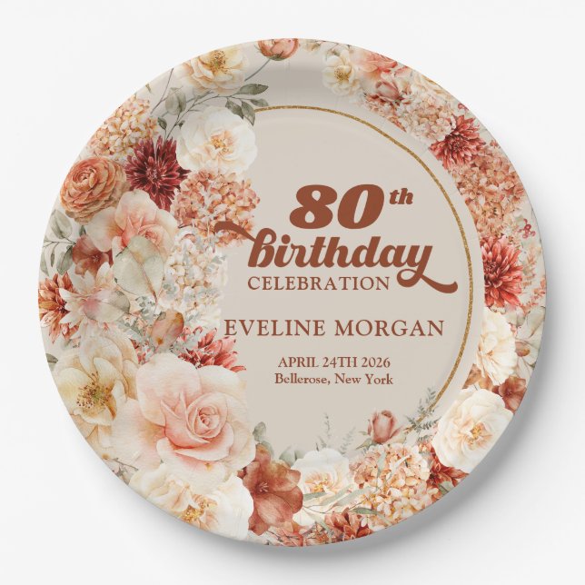 Assiettes En Carton Aquarelle florale couleurs cuivre 80e anniversaire (Devant)
