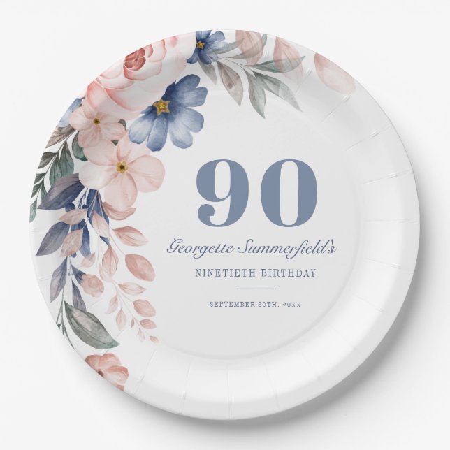Assiettes En Carton Aquarelle florale Dusty bleu rose 90e anniversaire (Devant)