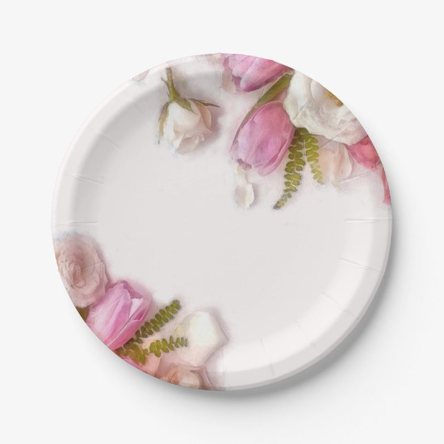 Assiettes En Carton Aquarelle florale élégante de ressort rose et (Devant)