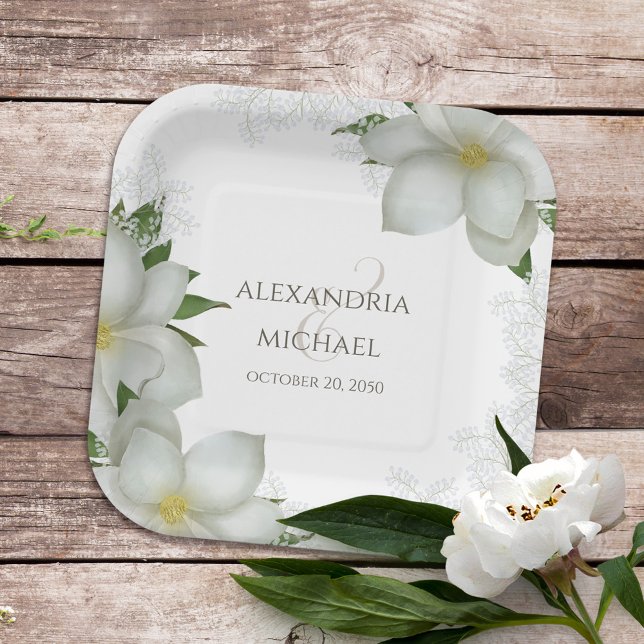 Assiettes En Carton Aquarelle florale Élégantes fleurs de Magnolia (Créateur téléchargé)