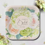 Assiettes En Carton Aquarelle Florale Fête des mariées rose pâle<br><div class="desc">Belle aquarelle blanche et verte hydrangées,  roses roses et crème,  marguerites,  petites fleurs et feuilles sur rose vif,  personnalisez ces plaques carrés papier pour votre douche nuptiale,  fiançailles,  mariage ou toute occasion avec vos détails en lettrage chic. CORRESPONDANCE d'objets dans notre collection.</div>
