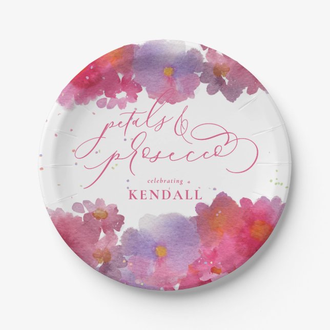 Assiettes En Carton Aquarelle florale Pétales et Prosecco (Devant)