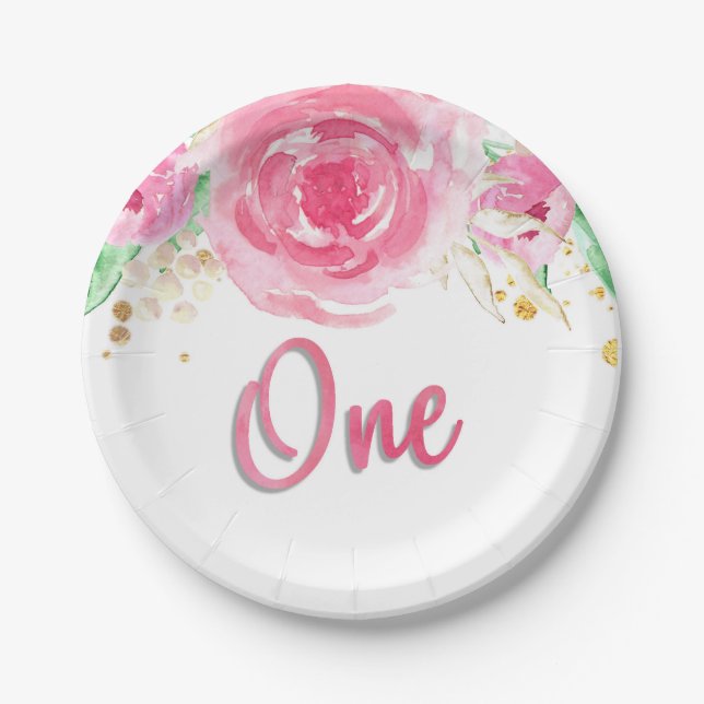 Assiettes En Carton Aquarelle florale pivoines un premier anniversaire (Devant)
