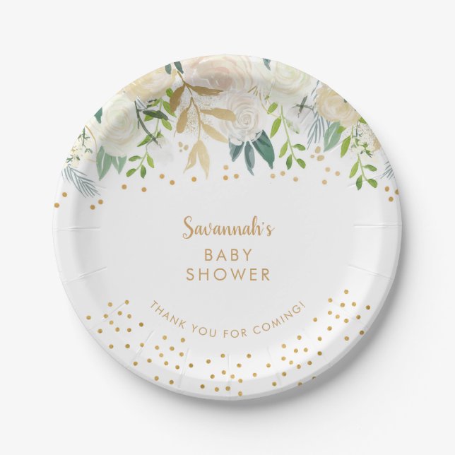 Assiettes En Carton Aquarelle Flore blanche + confetti d'or (Devant)