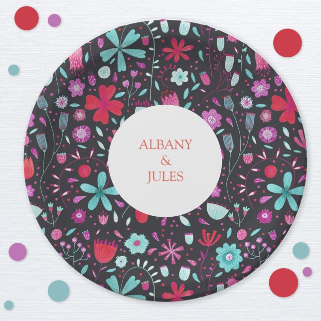 Assiettes En Carton Aquarelle Flower Meadow foncé (Dark boko floral personalized wedding celebration paper plate)