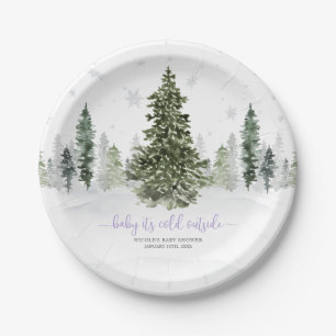 Assiettes En Carton Aquarelle Forêt d'hiver Baby shower pourpre