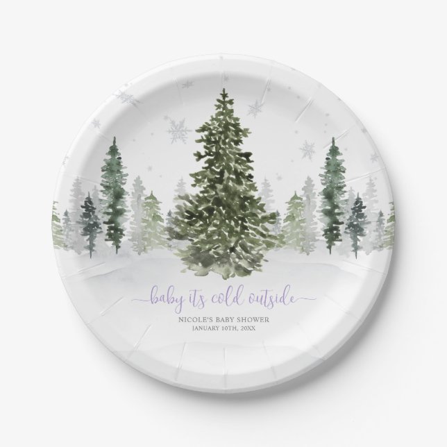 Assiettes En Carton Aquarelle Forêt d'hiver Baby shower pourpre (Devant)