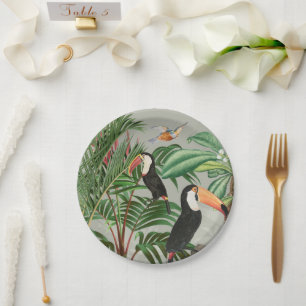Assiettes En Carton Aquarelle Forêt tropicale et oiseaux colorés