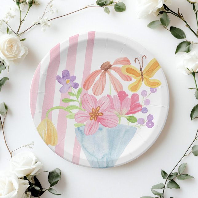 Assiettes En Carton Aquarelle fraîche hors du marché rose rayures (Créateur téléchargé)