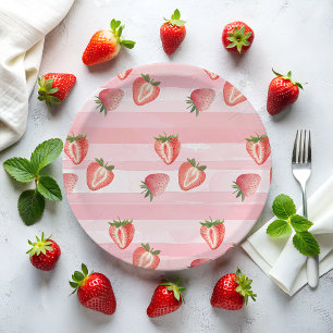Assiettes En Carton Aquarelle fraise rayures roses