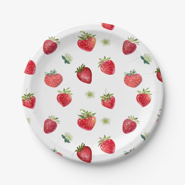 Assiettes En Carton Aquarelle Fruits fraises et fleurs fraises (Devant)