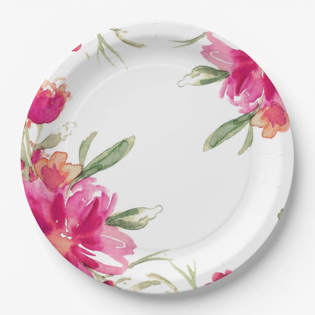 Assiettes En Carton Aquarelle Fuchsia Green Floral Graduation Party (Devant)