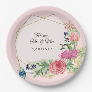 Assiettes En Carton Aquarelle Géométrique Blush rose n bleu marine Flo
