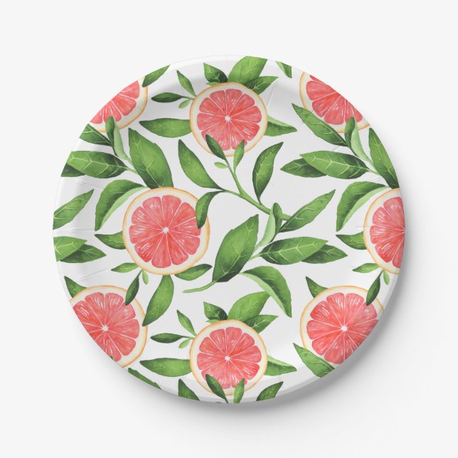 Assiettes En Carton Aquarelle Grapefruits et Motif de verdure (Devant)