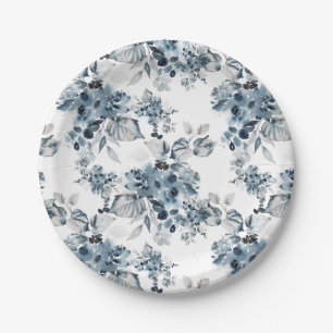 Assiettes En Carton Aquarelle Gris et Bleu Floral Modèle vacances