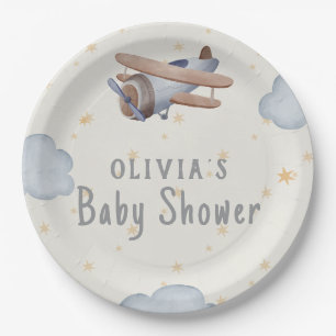 Assiettes En Carton Aquarelle Grise Et Beige Baby shower