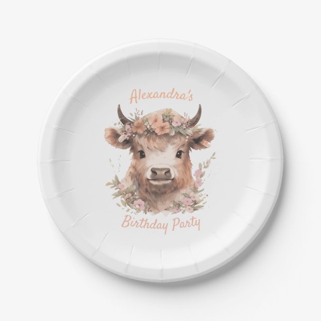 Assiettes En Carton Aquarelle Highland Vache Douche/Plaque d'anniversa (Devant)