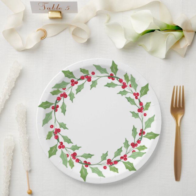 Assiettes En Carton Aquarelle Holly Wreath (Mariage)
