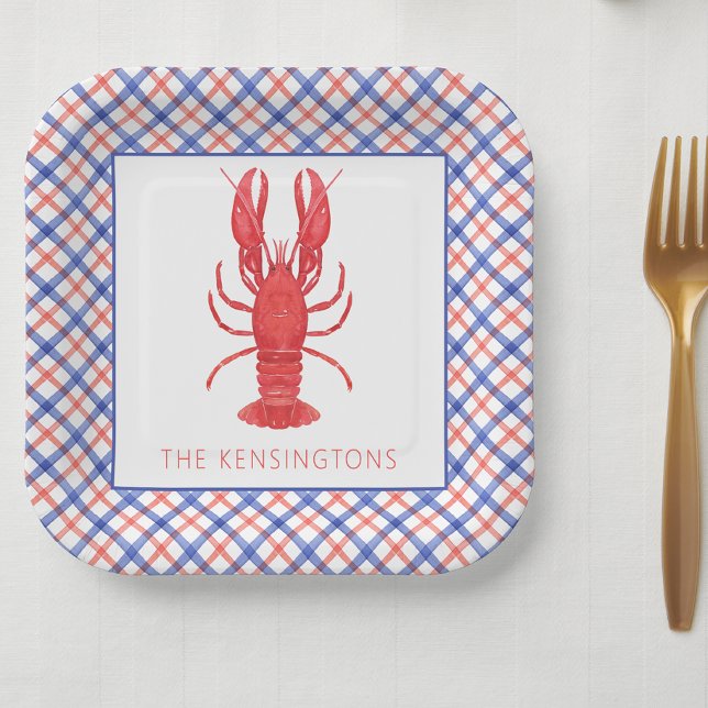 Assiettes En Carton Aquarelle Homard rouge et bleu plaid (Créateur téléchargé)