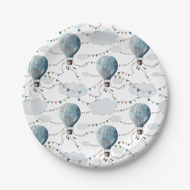 Assiettes En Carton Aquarelle Hot Air Balloon Blanc // Anniversaire de (Devant)