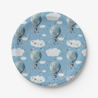 Assiettes En Carton Aquarelle Hot Air Balloon Blue // Anniversaire des