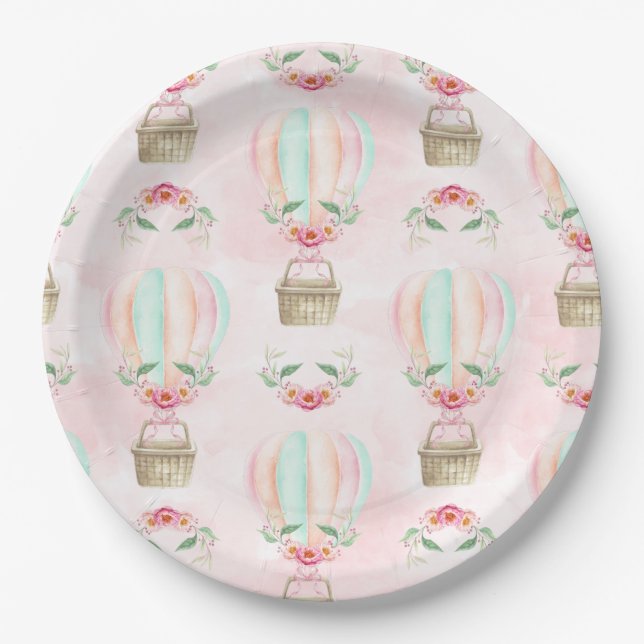 Assiettes En Carton Aquarelle Hot Air Ballotte Mint Rose Peach (Devant)
