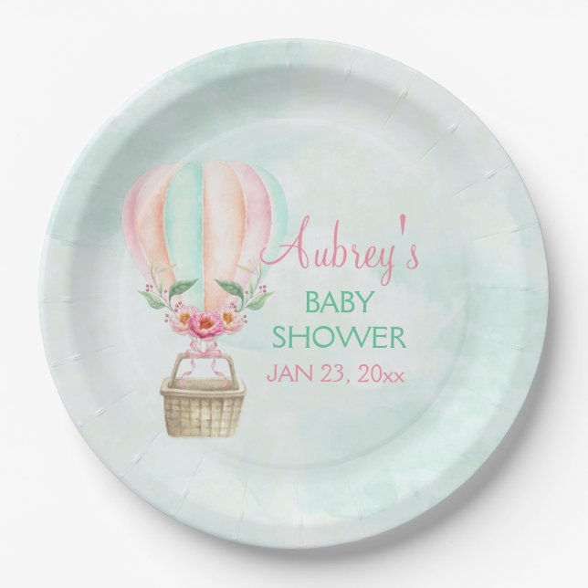 Assiettes En Carton Aquarelle Hot Air Ballotte Mint Rose Peach (Devant)